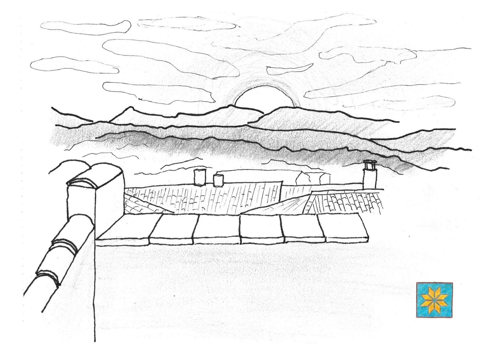 Croquis artistique de la terrasse panoramique du gîte La Vieille Ferme à L'Autre Maison, avec vue sur le coucher de soleil et les montagnes des Cévennes. Hébergement de charme Gard et gîte avec vue panoramique.